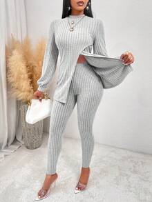 SHEIN Slayr Mock Neck Wrap Split Hem Tee & Leggings - Light Grey - View 4