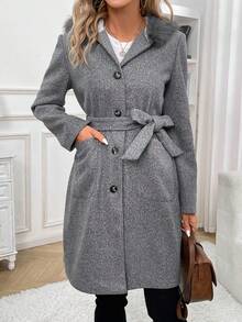 SHEIN Frenchy Patchwork Woolen Coat With Hood And Waist Belt - Grey - View 4