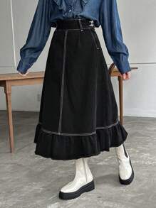 FRIFUL Women's Denim Skirt With Exposed Stitches, Ruffled Hem Jeans Skirt - Black - View 4