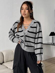 SHEIN Unity Của phụ nữ Sọc Thả vai Áo len Với Chi tiết cà vạt - Xám - Xem 5