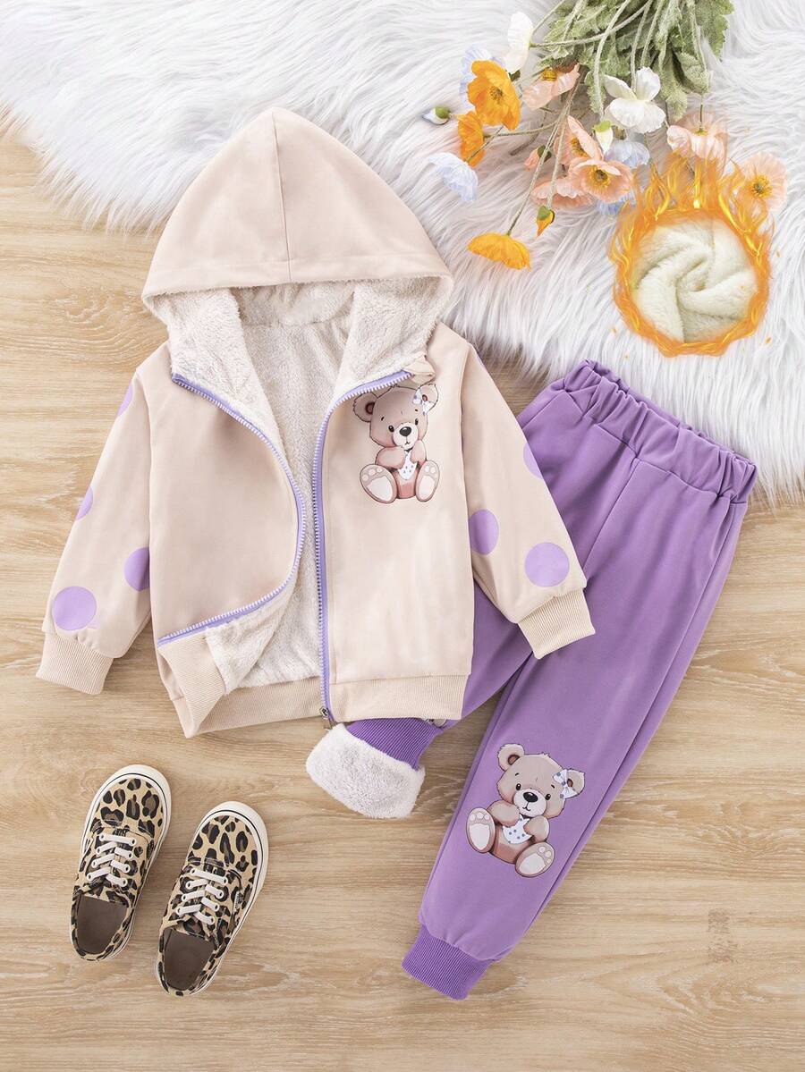 SHEIN Girls' Cartoon Patterned Sporty Casual 2pcs Outfit - Purple - View 1