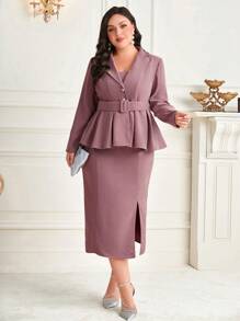 Modelyn Conjunto De Dos Piezas Para Mujer De Talla Grande, Chaqueta Con Volantes Y Falda Con Abertura En El Dobladillo.