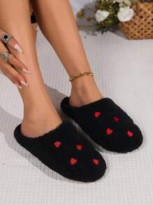 秋冬季女士心形拖鞋，室内家居拖鞋，软底轻便舒适毛绒拖鞋，可爱粉色，圣诞装扮，蓬松拖鞋 - 黑色 - 查看 2