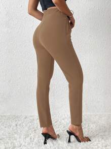 SHEIN PETITE Solid Color Tapered Long Pants - Coffee Brown - View 2
