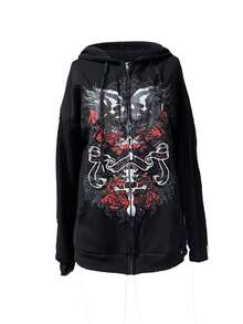 Sudadera con capucha con estampado de calavera para mujer, con cremallera, de manga larga, tops casuales para vacaciones de primavera, color negro - Negro - Ver 3