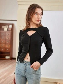 Chiquease Women's Round Neck Solid Color Hollow Out Asymmetric Hem Slim Fit T-Shirt Fall Cloth For Women