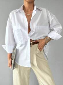 EURMUSE Women's Button-down Shirt With Patch Pocket And Drop-shoulder Design - White - View 1