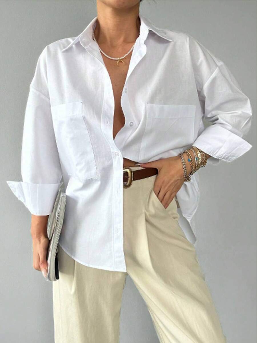 EURMUSE Women's Button-down Shirt With Patch Pocket And Drop-shoulder Design - White - View 1