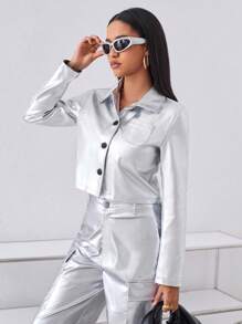 SHEIN ICON 塗層長袖女裝夾克 - 銀色 - 查看 6