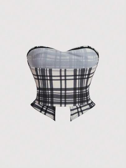 SHEIN MOD Áo quây không dây họa tiết kẻ ô vuông với nơ trang trí