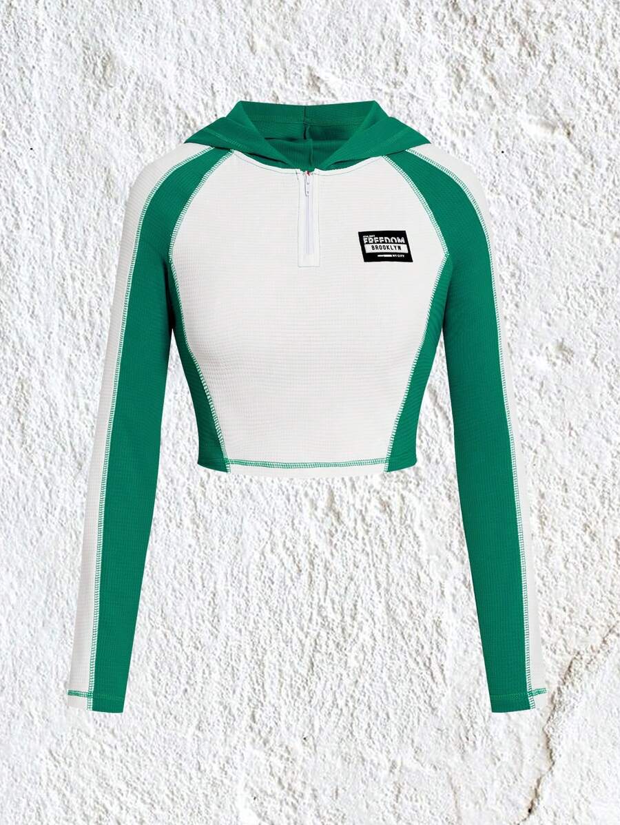 SHEIN EZwear Khối màu Tay Raglan Khóa kéo nửa mở Hoodie - màu xanh lá - Xem 1