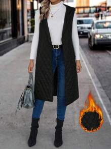 SHEIN Frenchy 斜口袋連帽衍縫外套馬甲 - 黑色 - 查看 1