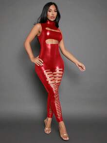 SHEIN SXY Của phụ nữ Đứng cổ áo Cắt dán Quần áo nịt - Đỏ - Xem 5