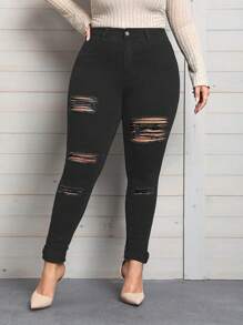 SHEIN Privé 大尺碼女裝破洞修身牛仔褲