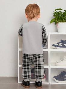 SHEIN Baby Boys' Plaid Patchwork Sweater And Grid Pattern Long Pants Set - Grey - View 2