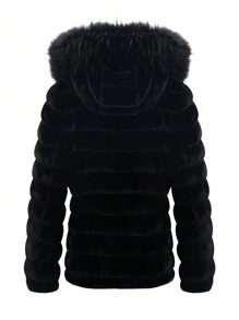 Chaqueta con capucha y cuello de piel sintética para mujer talla grande Risissida, abrigo acolchado reversible informal, adecuado para otoño - Negro - Ver 8