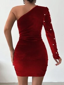 SHEIN Cottnline 女款單肩珍珠裝飾洋裝 - 紅色 - 查看 2