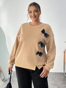 SHEIN Essnce Áo len cổ tròn cỡ lớn dành cho nữ, trang trí nơ - Màu Khaki - Xem 5