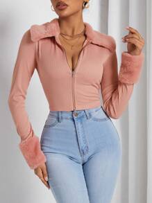 SHEIN PETITE Của phụ nữ Vá lại Khóa kéo UP Áo khoác - Bụi hồng - Xem 1