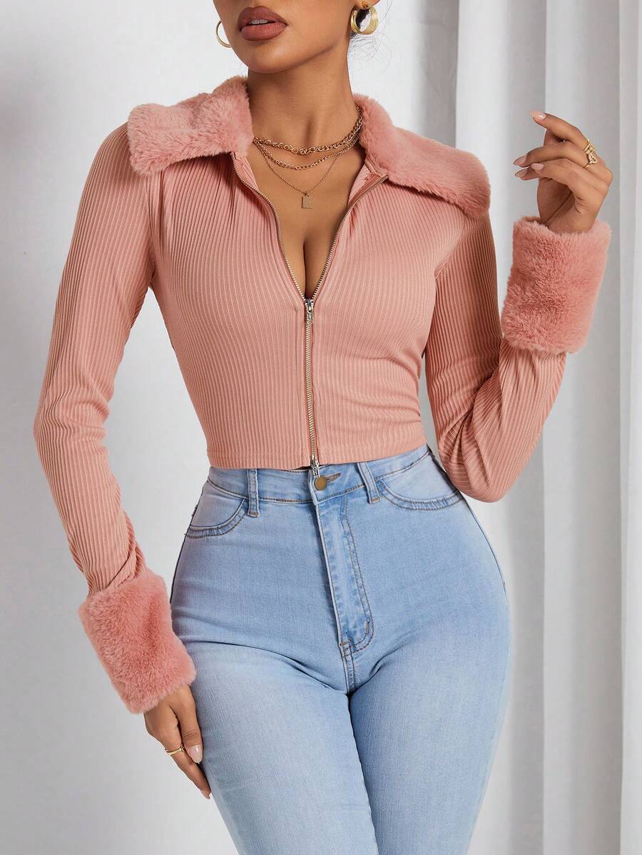 SHEIN PETITE Của phụ nữ Vá lại Khóa kéo UP Áo khoác - Bụi hồng - Xem 1