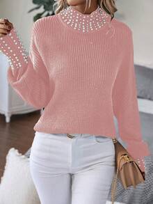 SHEIN Privé Của phụ nữ Trân châu Đồ trang trí Đứng cổ áo Áo len - Bụi hồng - Xem 6