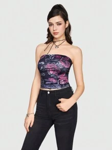 Sweetness Women's Floral Print Bandeau Top - Black - View 2