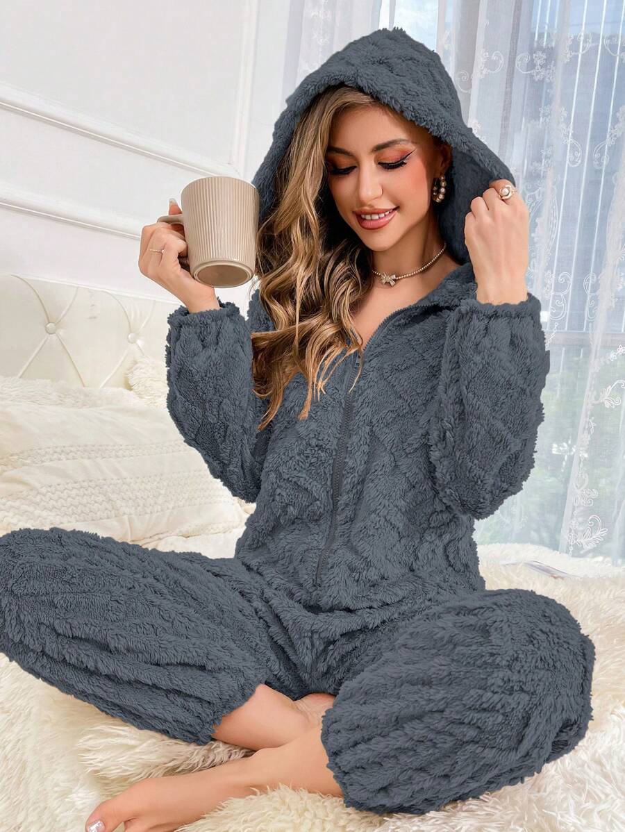Women's Solid Color Hooded Furry Pajamas - Grey - View 1