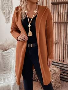 SHEIN LUNE Kích thước lớn Của phụ nữ Màu thuần Mặt trước Áo len Mở - Cà phê nâu - Xem 4