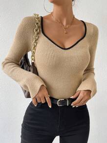 SHEIN Essnce Contrast Trim Sweetheart Neck Ribbed Knit Sweater - Apricot - View 1