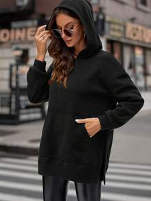 SHEIN LUNE Women's Solid Color Drop Shoulder Hooded Sweatshirt - Black - View 3