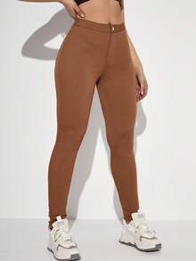 SHEIN Unity Quần legging cạp cao co giãn thường ngày cho nữ - màu nâu - Xem 4