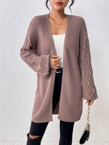 SHEIN Essnce Women's Pearl Studs Drop Shoulder Cardigan - Rust Brown - View 6