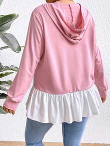 SHEIN Clasi 大码撞色荷叶边下摆套头卫衣，秋季卫衣 - 粉色 - 查看 2