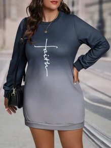 SHEIN LUNE Plus Letter Graphic Ombre Sweatshirt Dress Pullover Fall Outfit - Grey - View 5