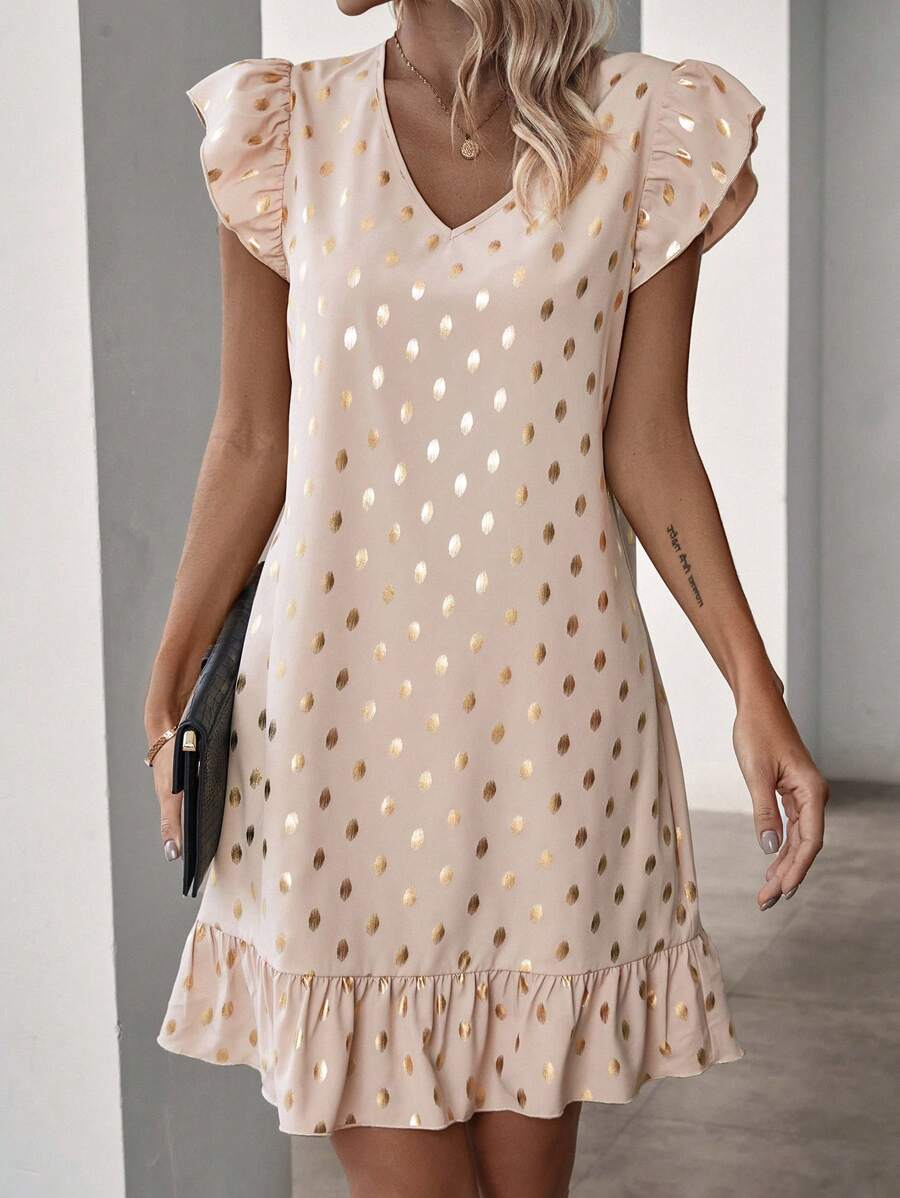 SHEIN LUNE Women's Full Print Ruffle Sleeve Dress - Apricot - View 1