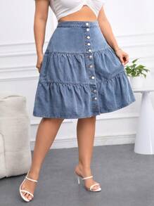 SHEIN Privé Kích thước lớn Denim Kỳ nghỉ Phong cách Lỏng lẻo Chân Váy xếp ly - Màu xanh lam - Xem 4