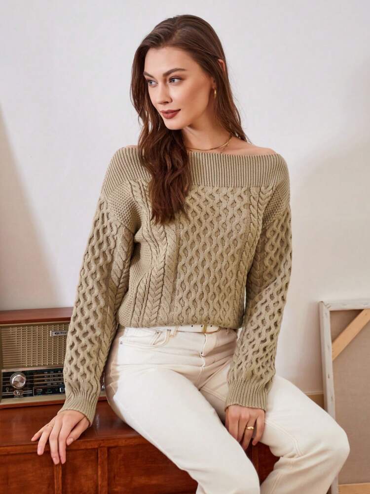 Cable Knit Boat Neck Sweater With Slash Collar Knit Pullover Fall Winter Sweater