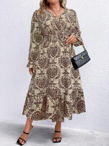 SHEIN LUNE Plus Size Women's Lotus Leaf Sleeve Satin Printed Dress