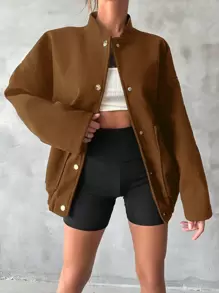 SHEIN Cottnline Manteau de femme avec col de baseball et fermeture à boutons devant - Tabac - Voir 4
