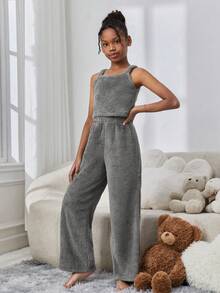 SHEIN Tween 女童秋冬休闲家居针织纯色连帽开衫上衣搭配吊带背心和纯色长裤 - 灰色 - 查看 3