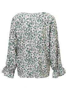 SHEIN LUNE 女性大尺碼花卉印花領帶領口襯衫 - 墨綠色 - 查看 2