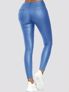 Apperloth A Rave Solid Color High Waist Slant Pocket PU Leather Party Skinny Pants - Baby Blue - View 2