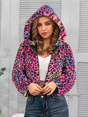 Short Leopard Print Plush Hooded Jacket