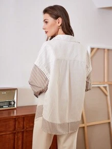Anewsta Ladies' Striped Contrast Color Drop Shoulder Shirt - Multicolor - View 2