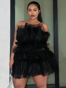 Slaydiva SLAYR PLUS - Vestido de fiesta de alta gama - Vestido negro transparente de talla grande de varias capas de malla sin estiramiento, atuendo para cita, vestido de graduación - Negro - Ver 4