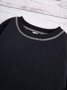 SHEIN 小女孩鬆身復古圓領對比色線條與字母圖案針織運動衫 - 黑色 - 查看 3