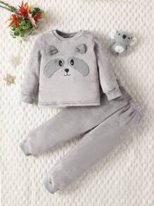 Young Boys' Cute Raccoon Pattern 2pcs Set, Warm And Comfortable Grey Homewear For Fall And Winter - Grey - View 1
