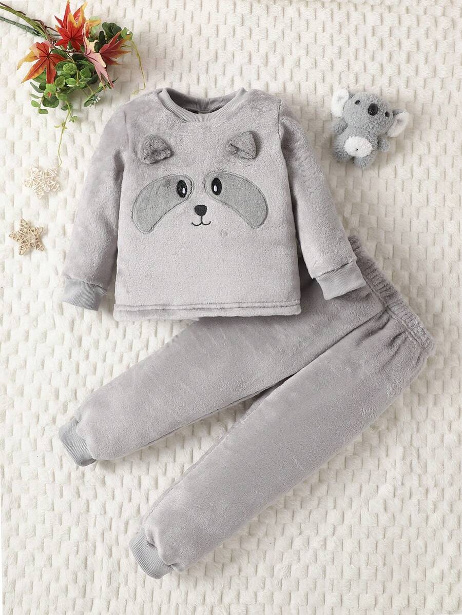 Young Boys' Cute Raccoon Pattern 2pcs Set, Warm And Comfortable Grey Homewear For Fall And Winter - Grey - View 1