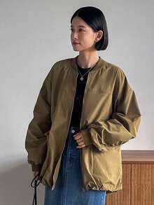 FRIFUL Của phụ nữ Màu thuần Cổ Đứng Thả vai Áo khoác - Cà phê nâu - Xem 5
