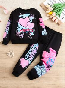 SHEIN Young Girl Graffiti Printed Sweatshirt And Pants Set, Autumn Sports 2pcs